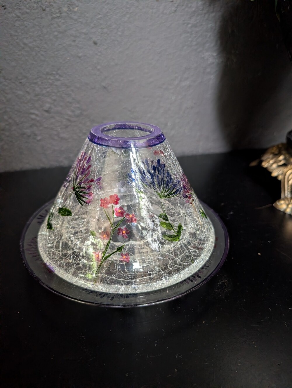 Vintage Yankee Candle Crackle Glass Lamp Shade Floral Wildflower Topper Fairy Li